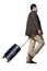 Asian businessman traveler walking forward drag his suitcase luggage, full length portrait isolated on white