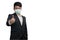 Asian businessman wearing surgical face mask in formal black suit jacket, show trumps up by right hand and look at the camera