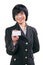 Asian businesswoman shoving white card