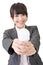 Asian businesswoman is smiling while holding with both hands a l