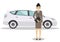 Asian businesswoman standing near the blue car on white background in flat style. Business concept. Detailed