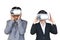 Asian businesswomen and businessman playing VR virtual reality glass box