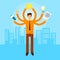 Asian Busy Manager Business Man With Many Hands Hold Megaphone, Document, Light Bulb, Coin Success Concept