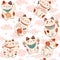 Asian cat pattern. Maneki neko character of fortune and lucky cheerful domestic animal recent vector seamless background