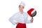 Asian chef and a frying pan in Santa hat