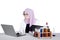 Asian chemist with laptop and test tube
