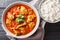 Asian chicken curry in a sauce consisting of onion, ginger, lemongrass, pepper, garlic and tomato close-up in a bowl. Horizontal