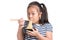 Asian child girl age 7 year , eating Instant noodles on white b
