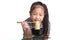 Asian child girl age 7 year , eating Instant noodles on white b