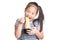 Asian child girl age 7 year , eating Instant noodles on white b