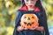 Asian child girl wearing halloween costumes and makeup having fun on Halloween celebration