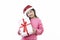 Asian Child hugging Christmas gift box in hand