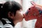 Asian child kiss the Toy horse