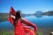 Asian Chinese beauty in red dress enjoy peaceful and happy life