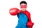 Asian Chinese boy wearing super hero costume with boxing gloves