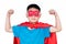 Asian Chinese boy wearing super hero costume showing muscle