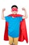 Asian Chinese boy wearing super hero costume showing muscle