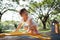 Asian chinese girl managing playground obstacle on her own