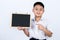 Asian Chinese Little Boy Wearing Student Uniform Pointing Chalkboard