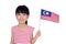 Asian chinese little girl holding Malaysian Flag in isolated white background