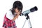 Asian Chinese little girl looking through telescope