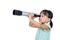 Asian Chinese little girl looking through a telescope