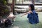 Asian Chinese Little Girls Feeding Rabbits