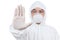 Asian Chinese scientist in protective wear showing stop gesture