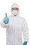 Asian Chinese scientist in protective wear with thumbs up