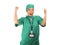 Asian Chinese woman as excited physician - young beautiful and happy medicine doctor or chief hospital nurse in green scrubs and