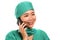 Asian Chinese woman as successful talking on hand phone - young beautiful and happy medicine doctor or hospital nurse in surgical