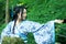 Asian Chinese woman in traditional Blue and white Hanfu dress, play in a famous garden