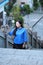 Asian Chinese woman in traditional student suit in The Republic of China at Ancient city wall of Dali