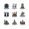 Asian cities and counties landmarks icons set