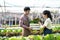 Asian couple farmers work in vegetables hydroponic farm with happiness. Attractive agriculturist young man and women