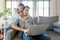 Asian couple lovers enjoy watching online streaming