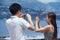 Asian couple make photos at the viewpoint in Monaco.