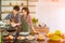 Asian couples are preparing a healthy breakfast with happiness in the kitchen