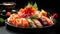 Asian cuisine on black background: Fresh sushi plate with vibrant seafood on a dark background