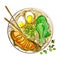 Asian cuisine colored sketch drawing with chicken miso soup with noodles Top view. vector