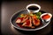 asian cuisine pieces fried duck with hot peers and sauce in plate