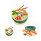 Asian culture food collection of three bowls. Asian food with steamed rice, shrimp, sushi, and chopsticks. vegetable salad vector