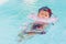 Asian cute eight month baby relax swimming pool.