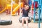 Asian cute teen happy smile sitting at swing kid playground park, leisure young innocent girl