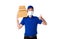 Asian delivery man wearing face mask in blue uniform standing with carry parcel post box isolated over white background. express