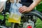 Asian disability woman with urine bag on wheelchair