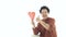 Asian elder mother support LGTBQ children thumb up smile with rainbow pride paint purple red balloon heart