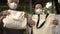 Asian elder senior couple wearing mask encourage using cotton bag recycleable for grocery shopping