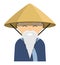 Asian elderly man with long gray beard wearing national straw round hat. Thai farmer in traditional dress. Cartoon character.