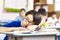 Asian elementary school boy thinking in classroom